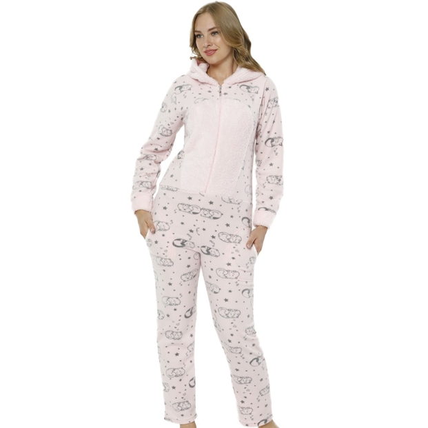 Kedi Desenli Kadın Polar Peluş Tulum Pijama Takımı - 2