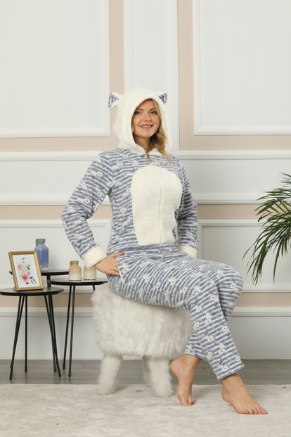 Kedi Desenli Kadın Polar Peluş Tulum Pijama Takımı - 1