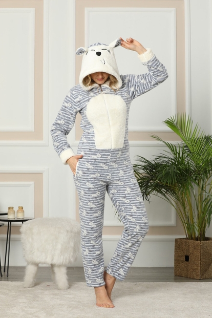Kedi Desenli Kadın Polar Peluş Tulum Pijama Takımı - 2
