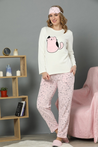 Kedi Desenli Sabahlıklı Peluş Pijama Takımı - 2