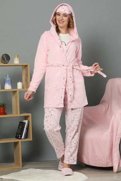 Kedi Desenli Sabahlıklı Peluş Pijama Takımı - 3