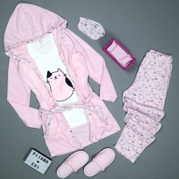 Kedi Desenli Sabahlıklı Peluş Pijama Takımı - 4