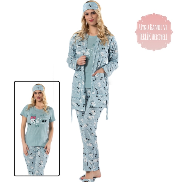 Kedi Desenli Sabahlıklı Pijama Takımı - 1