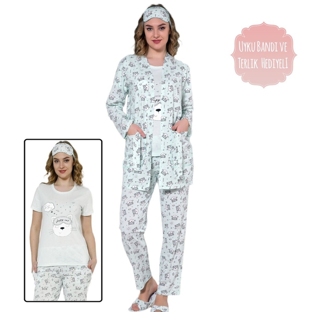 Kedi Desenli Sabahlıklı Pijama Takımı - 1