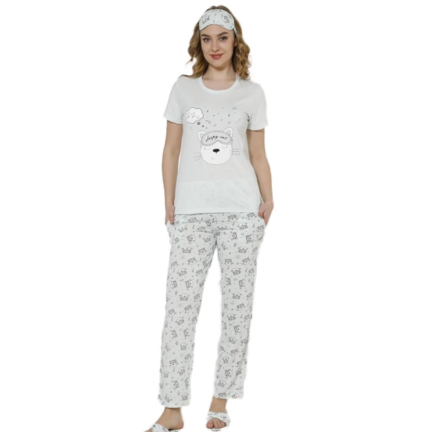 Kedi Desenli Sabahlıklı Pijama Takımı - 3