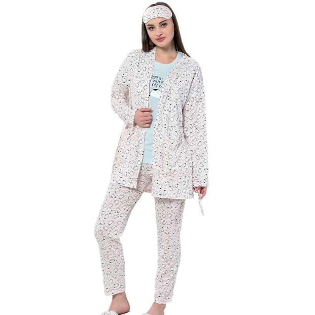 Kedi Desenli Sabahlıklı Pijama Takımı - 1