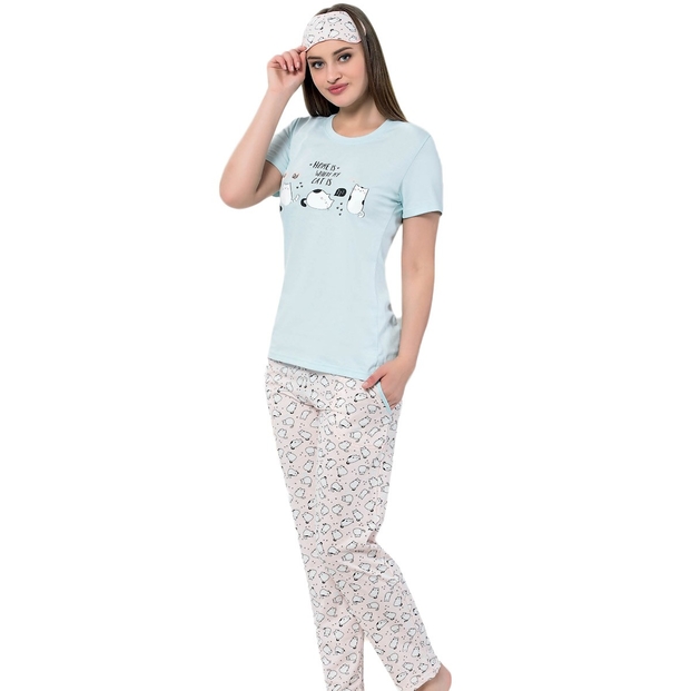 Kedi Desenli Sabahlıklı Pijama Takımı - 2