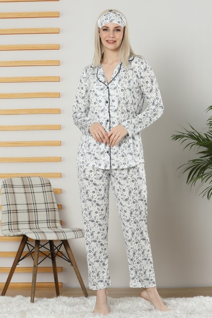 Kilim Desenli Viskon Önden Düğmeli Pijama Takımı - 2