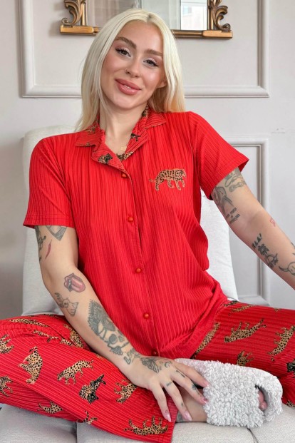 Kiremit Leopar Desenli Zincir Önden Düğmeli Kısa Kol Kadın Pijama - Pijamaevi