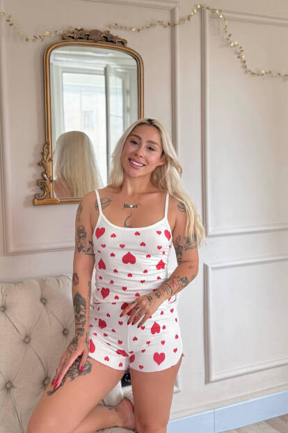 Kırmızı Amour Desenli Örme Askılı Şortlu Kadın Pijama Takımı - 2