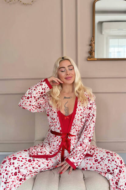 Kırmızı Blossom Exclusive Örme Sabahlıklı Kadın Pijama Takım - 3