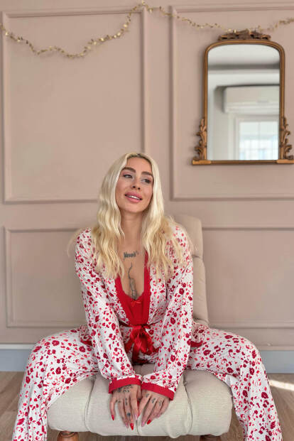 Kırmızı Blossom Exclusive Örme Sabahlıklı Kadın Pijama Takım - 4