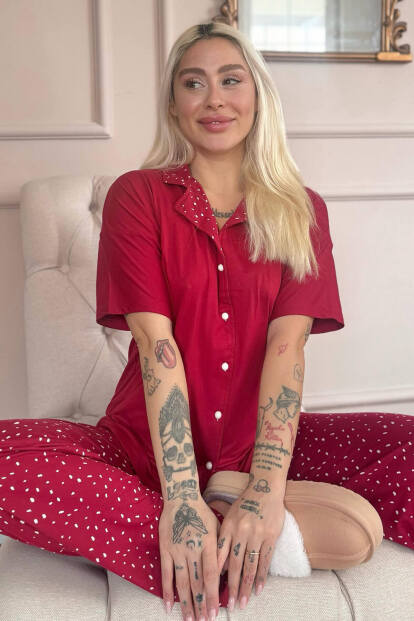 Kırmızı Blush Dots Desenli Bambu Önden Düğmeli Kısa Kol Pijama Takımı 