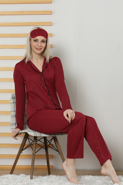 Kırmızı Çizgili Viskon Önden Düğmeli Pijama Takımı - 1