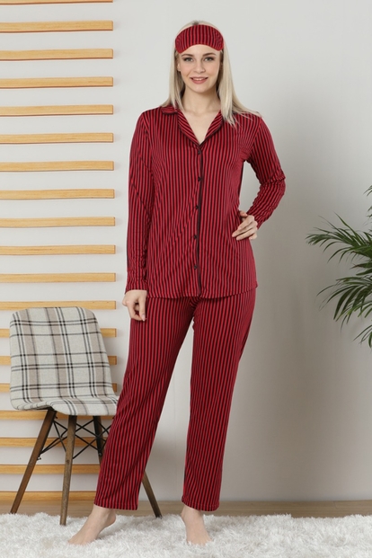 Kırmızı Çizgili Viskon Önden Düğmeli Pijama Takımı - 2