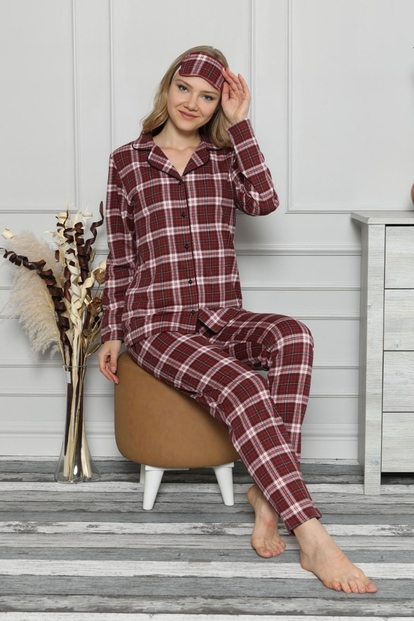Kırmızı Ekose Önden Düğmeli Uzun Kollu Pijama Takımı - 1