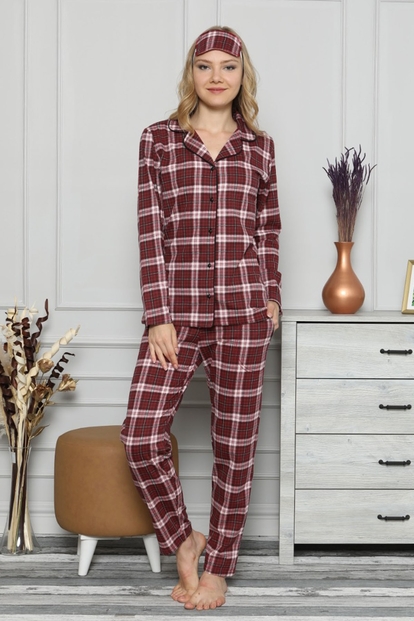 Kırmızı Ekose Önden Düğmeli Uzun Kollu Pijama Takımı - 2