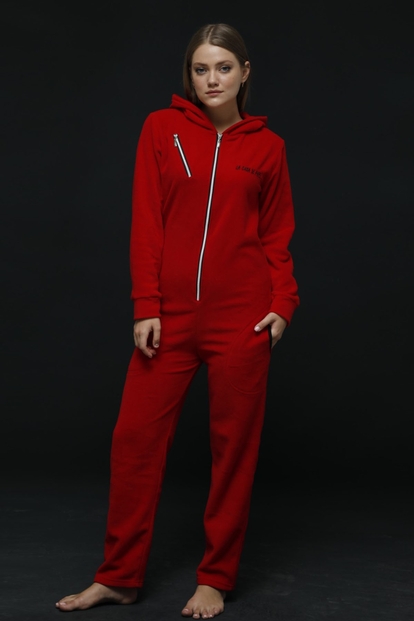 Kırmızı Kadın Polar Peluş Tulum Pijama Takımı - 1