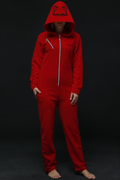 Kırmızı Kadın Polar Peluş Tulum Pijama Takımı - 2