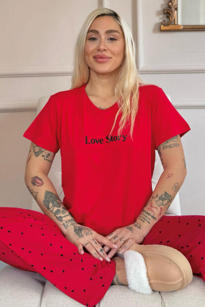 Kırmızı Love Desenli Bambu Kısa Kol Kadın Pijama Takımı - 1