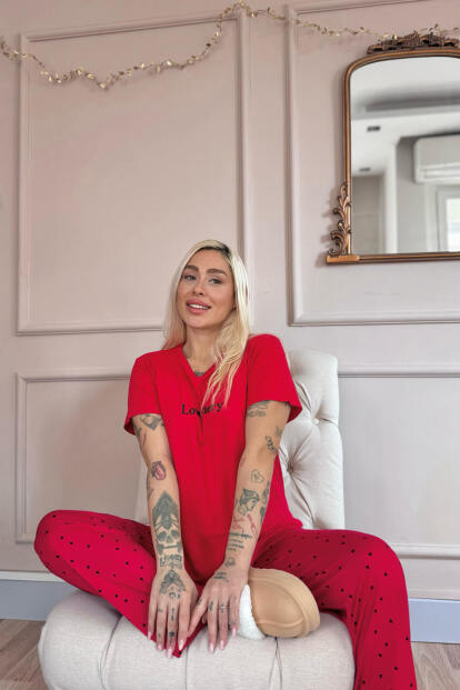 Kırmızı Love Desenli Bambu Kısa Kol Kadın Pijama Takımı - 2