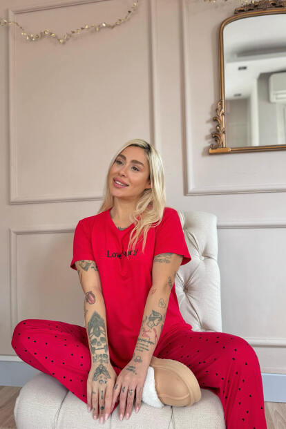 Kırmızı Love Desenli Bambu Kısa Kol Kadın Pijama Takımı - 3