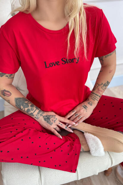 Kırmızı Love Desenli Bambu Kısa Kol Kadın Pijama Takımı - 4