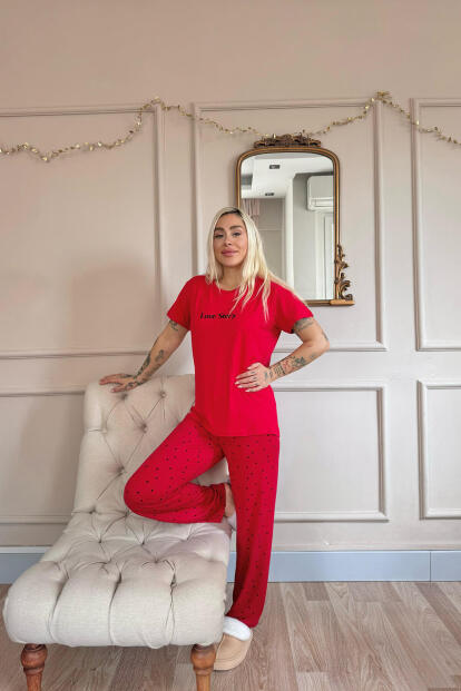 Kırmızı Love Desenli Bambu Kısa Kol Kadın Pijama Takımı - 5