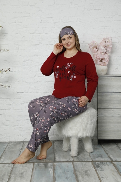 Kırmızı My Heart Desenli Uzun Kollu Büyük Beden Battal Pijama Takımı - 1
