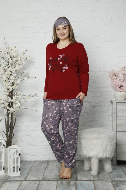 Kırmızı My Heart Desenli Uzun Kollu Büyük Beden Battal Pijama Takımı - 2