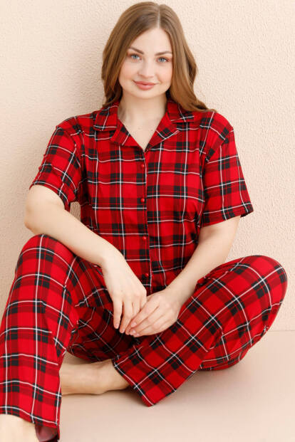 Kırmızı Scottish Charm Desenli Bambu Önden Düğmeli Kısa Kol Büyük Beden Battal Pijama Takımı 