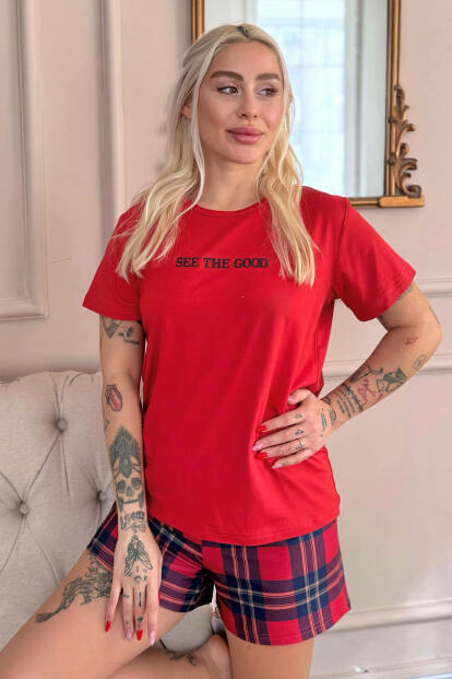 Kırmızı See The Good Desenli Kısa Kollu Şortlu Örme Kadın Pijama Takımı - Pijamaevi
