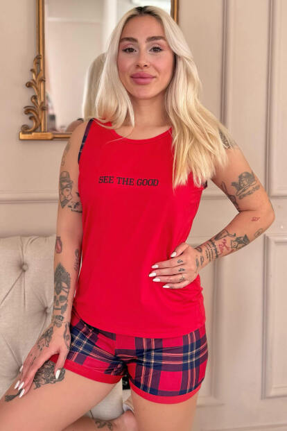Kırmızı See The Good Desenli Sıfır Kol Şortlu Örme Kadın Pijama Takımı 
