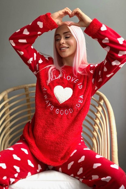Kırmızı Self Love Desenli Kadın Peluş Pijama Takımı - Pijamaevi