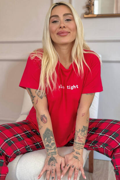 Kırmızı Sleep Desenli Bambu Kısa Kol Kadın Pijama Takımı 