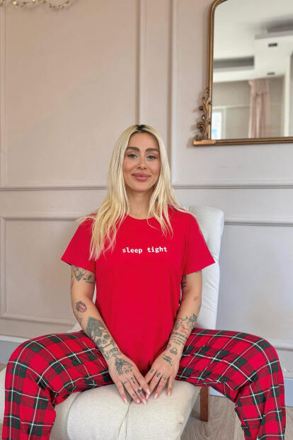 Kırmızı Sleep Desenli Bambu Kısa Kol Kadın Pijama Takımı - 2