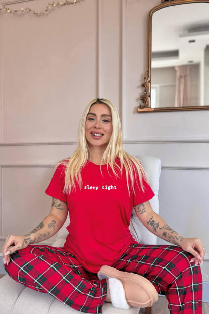 Kırmızı Sleep Desenli Bambu Kısa Kol Kadın Pijama Takımı - 3