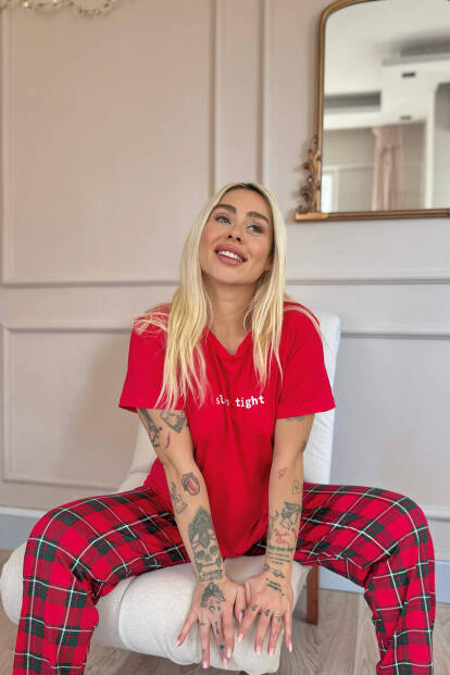 Kırmızı Sleep Desenli Bambu Kısa Kol Kadın Pijama Takımı - 4