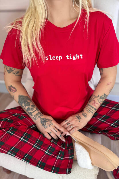 Kırmızı Sleep Desenli Bambu Kısa Kol Kadın Pijama Takımı - 5