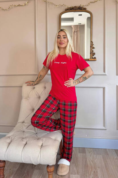 Kırmızı Sleep Desenli Bambu Kısa Kol Kadın Pijama Takımı - 6