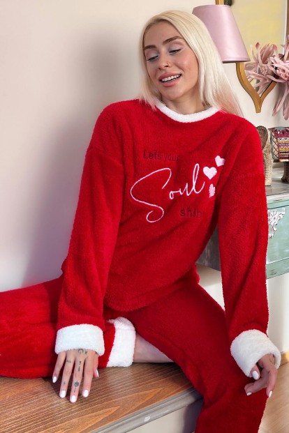 Kırmızı Soul Desenli Tam Peluş Pijama Takımı - Pijamaevi