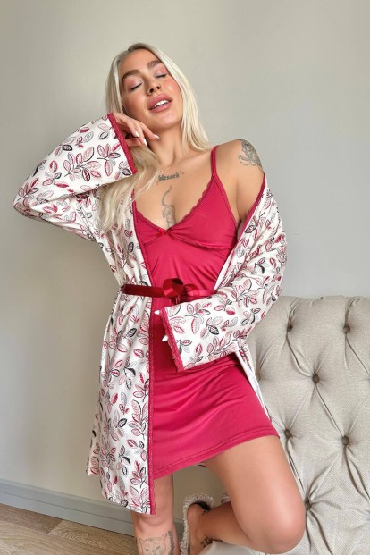 Kırmızı Svila Exclusive Örme Sabahlıklı Gecelik Kadın Pijama Takımı - 3