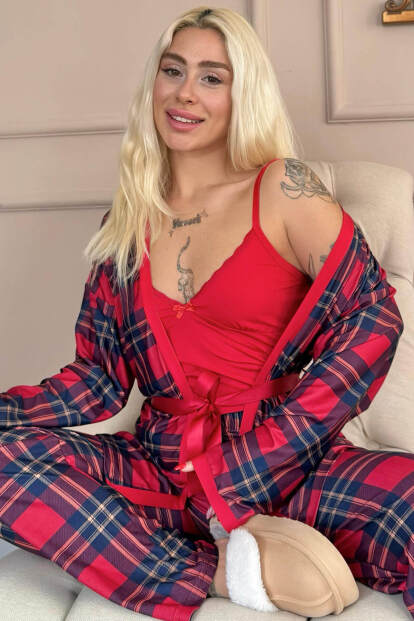Kırmızı Tartan Exclusive Örme Sabahlıklı Kadın Pijama Takım 