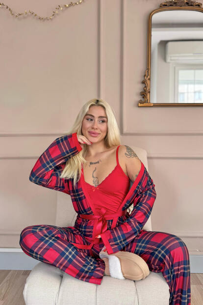 Kırmızı Tartan Exclusive Örme Sabahlıklı Kadın Pijama Takım - 2