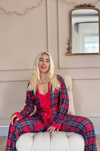 Kırmızı Tartan Exclusive Örme Sabahlıklı Kadın Pijama Takım - 4
