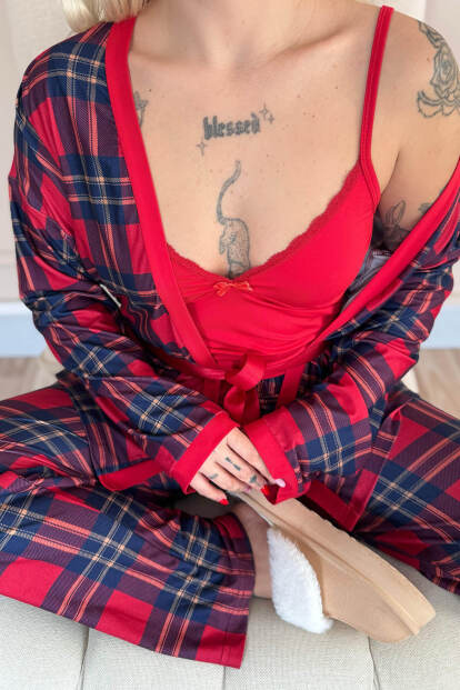 Kırmızı Tartan Exclusive Örme Sabahlıklı Kadın Pijama Takım - 5