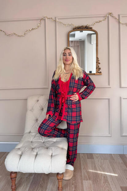 Kırmızı Tartan Exclusive Örme Sabahlıklı Kadın Pijama Takım - 6