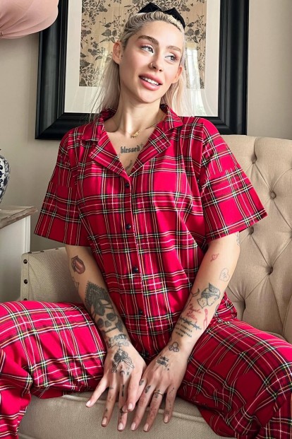 Kırmızı Yeşil Ekose Baskılı Önden Düğmeli Kısa Kollu Pijama - Pijamaevi