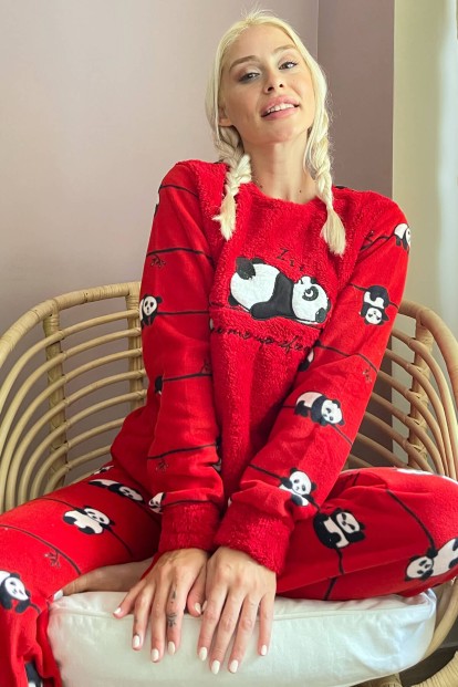 Kırmızı Zzz Wake Desenli Kadın Peluş Pijama Takımı - Pijamaevi