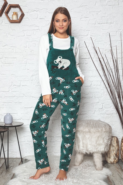 Koala Desenli Kadın Polar Peluş Tulum Pijama Takımı - 1
